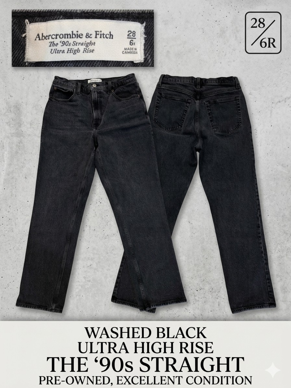 Abercrombie & Fitch Washed Black Ultra High Rise '90s Straight Jeans - Sz 28